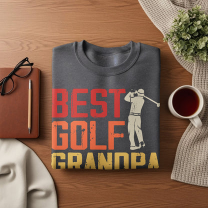 Grey sweatshirt with "BEST GOLF GRANDPA" text and golfer graphic.
