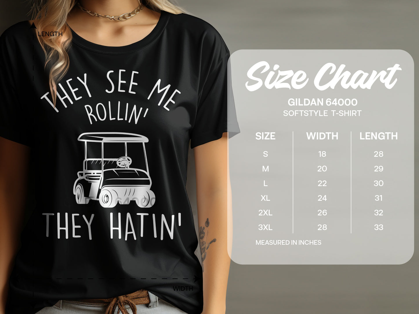 Black t-shirt with "They see me rollin' they hatin'" and golf cart graphic.