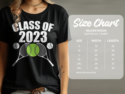 Black t-shirt with "Class of 2023" and tennis graphics, next to a size chart.