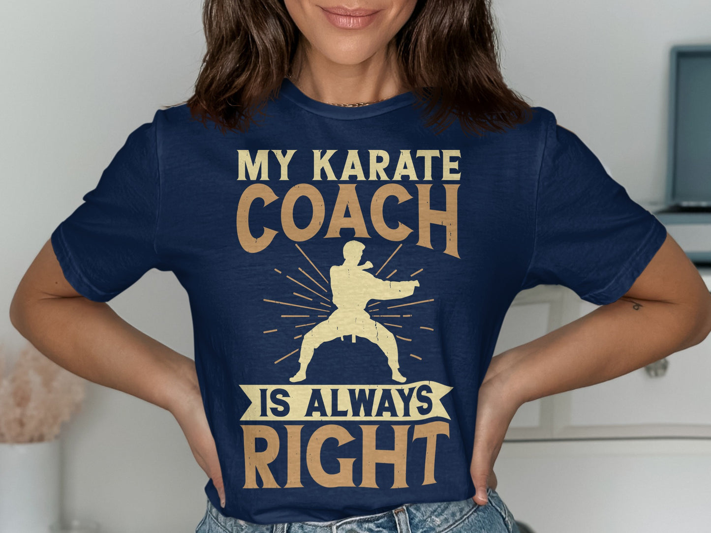 Navy t-shirt with "My Karate Coach Is Always Right" in beige lettering.