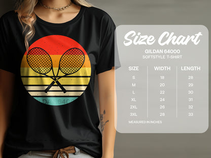 Gildan 64000 Softstyle T-shirt size chart with tennis rackets graphic.