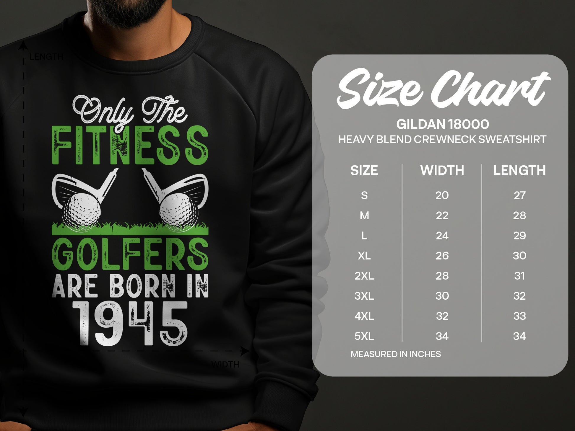 Black sweatshirt with "Fitness Golfers Are Born In 1945" graphic and size chart.