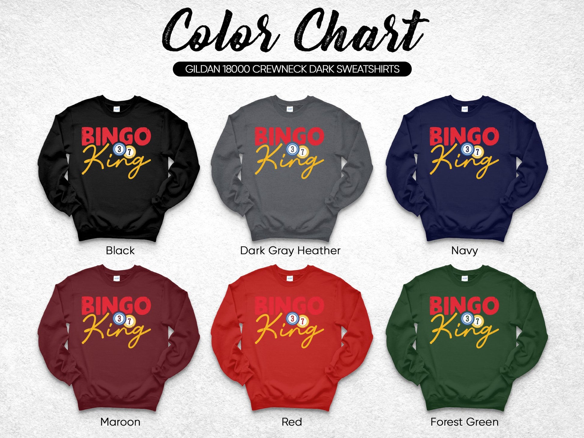 Color chart of Gildan 18000 crewneck sweatshirts in six colors.