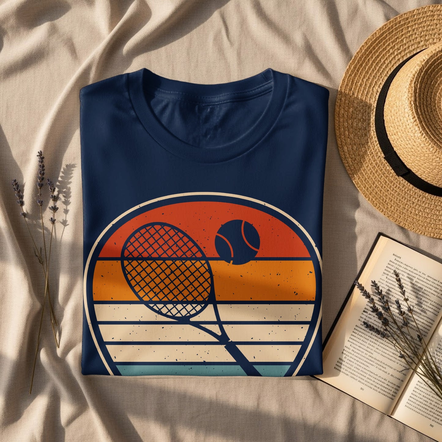 Navy t-shirt with vintage tennis racket and ball graphic and straw hat.
