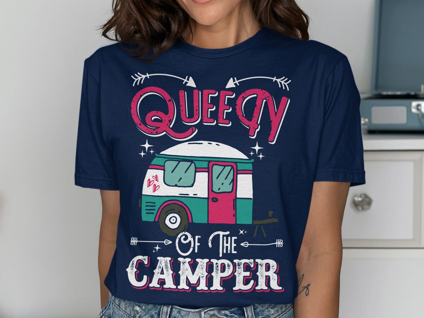 Queen of the Camper graphic tee with a vintage camper illustration.