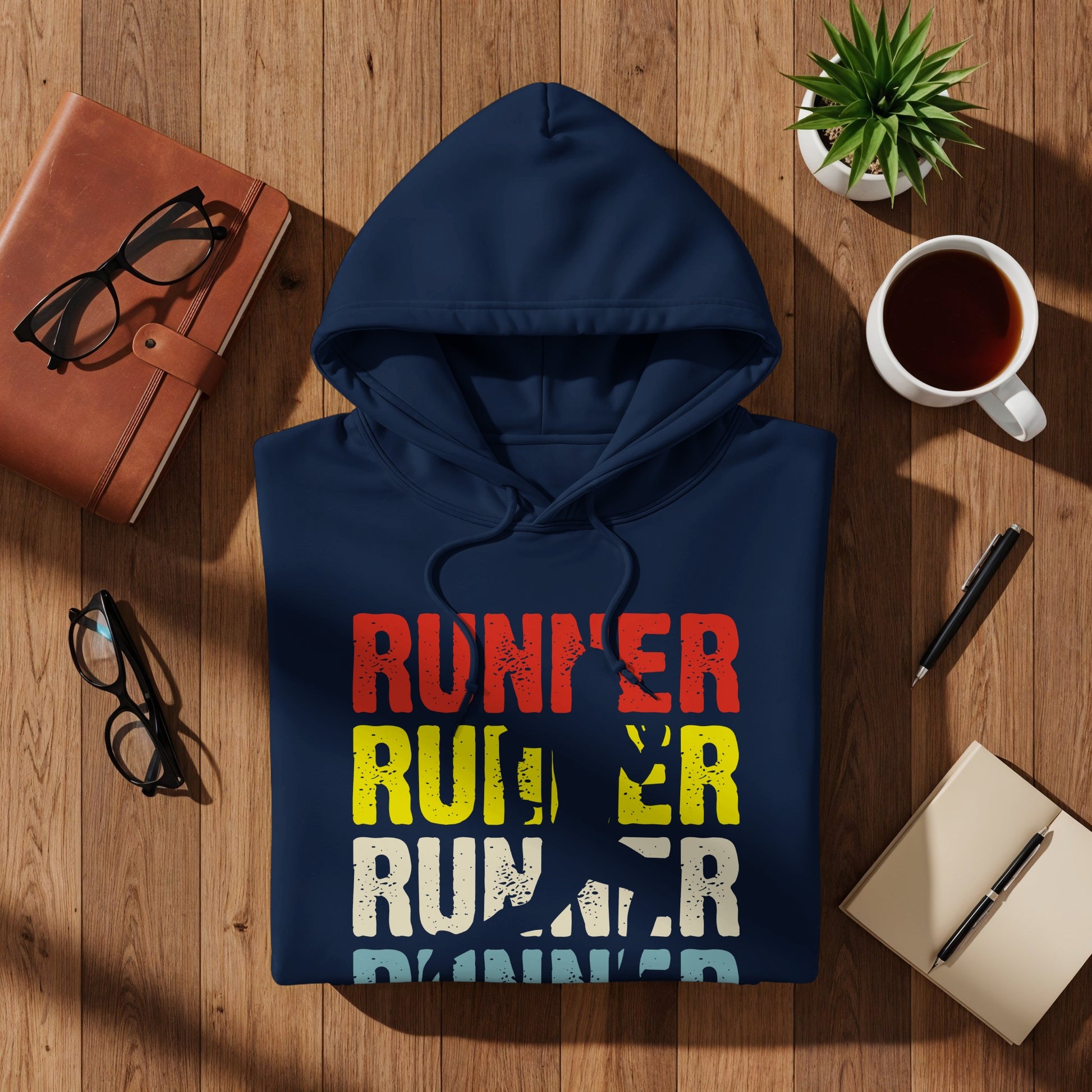 Navy blue hoodie with "RUNNER" text in red, yellow, and blue.