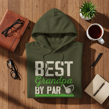 Olive green hoodie with "BEST GRANDPA BY PAR" text and golf graphic.