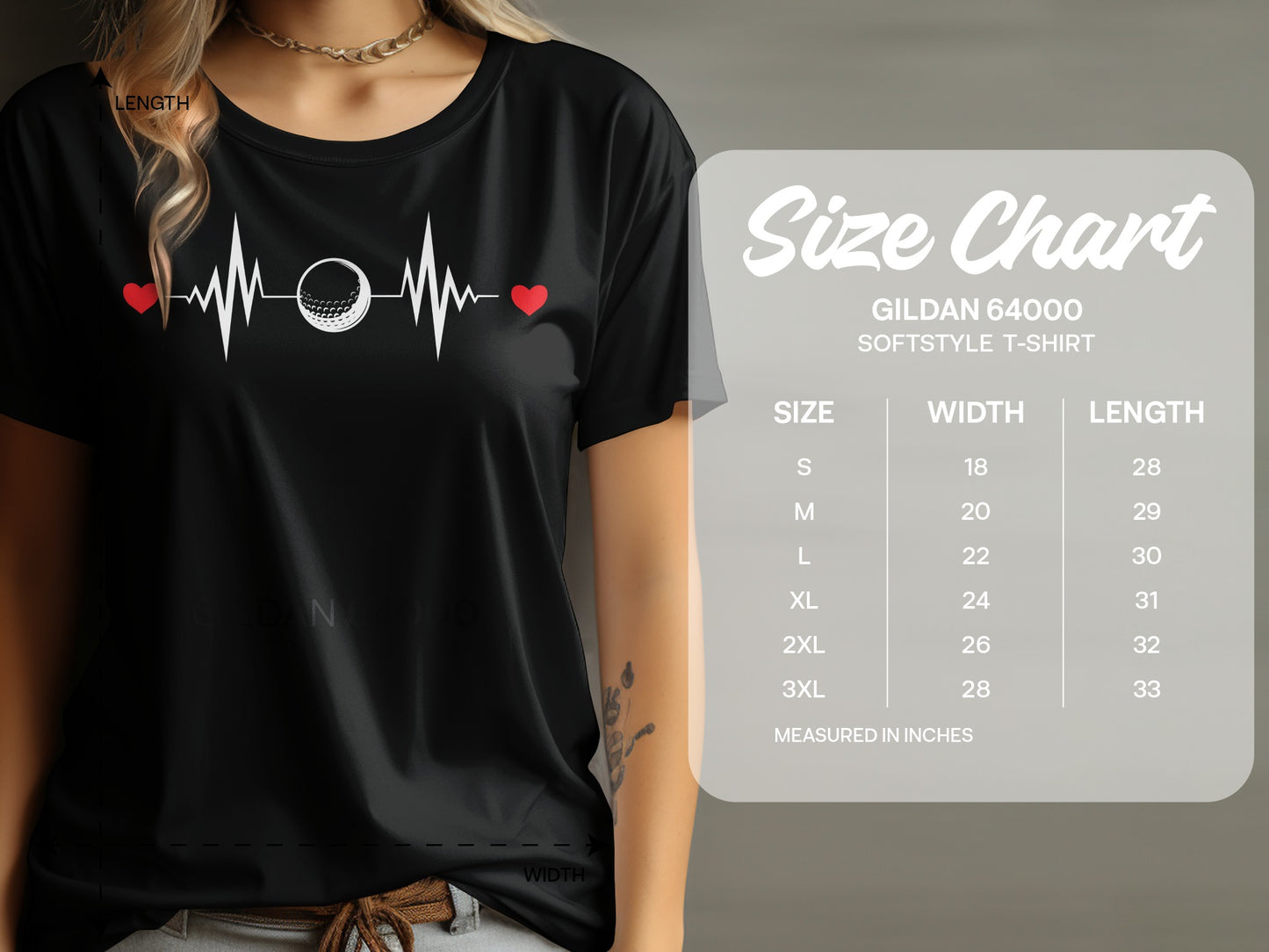 Black t-shirt with heart rate line, golf ball, and hearts graphic; size chart on right.