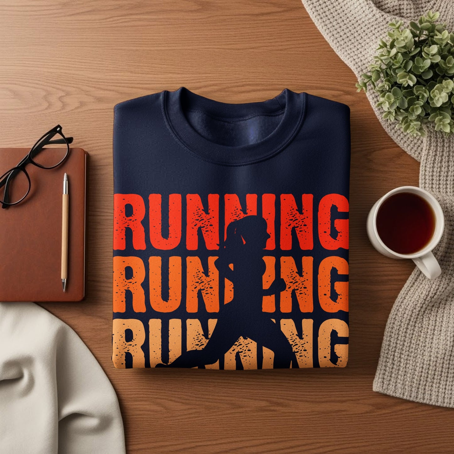 Navy sweatshirt with silhouette of runner and "Running" text in orange.