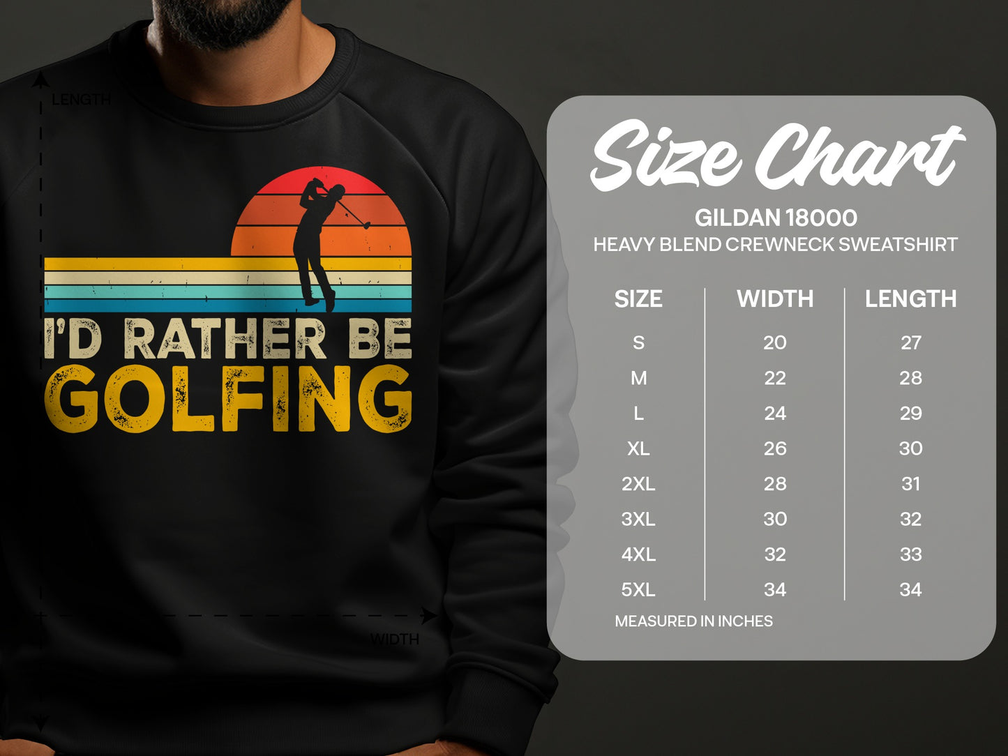 Sweatshirt with "I'd Rather Be Golfing" graphic and size chart.