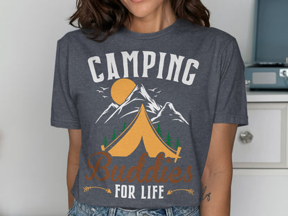 Camping Buddies For Life text with tent, sun, and mountains graphic.