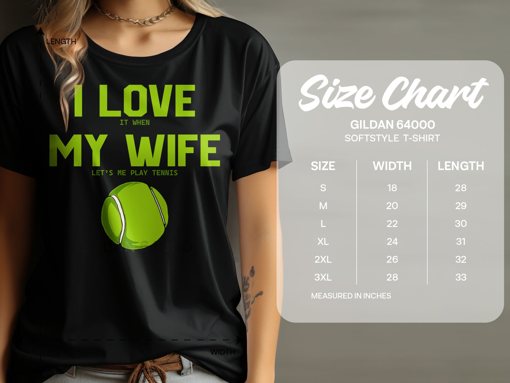 Black t-shirt with "I LOVE MY WIFE LET'S ME PLAY TENNIS" text and tennis ball.
