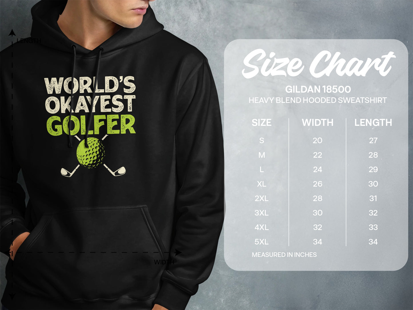 Hooded sweatshirt with "World's Okayest Golfer" text and golf club graphic.