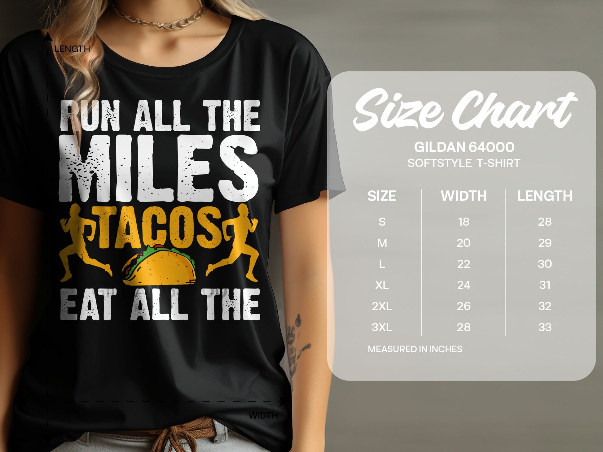 Black t-shirt with "RUN ALL THE MILES TACOS EAT ALL THE" text and a taco graphic.