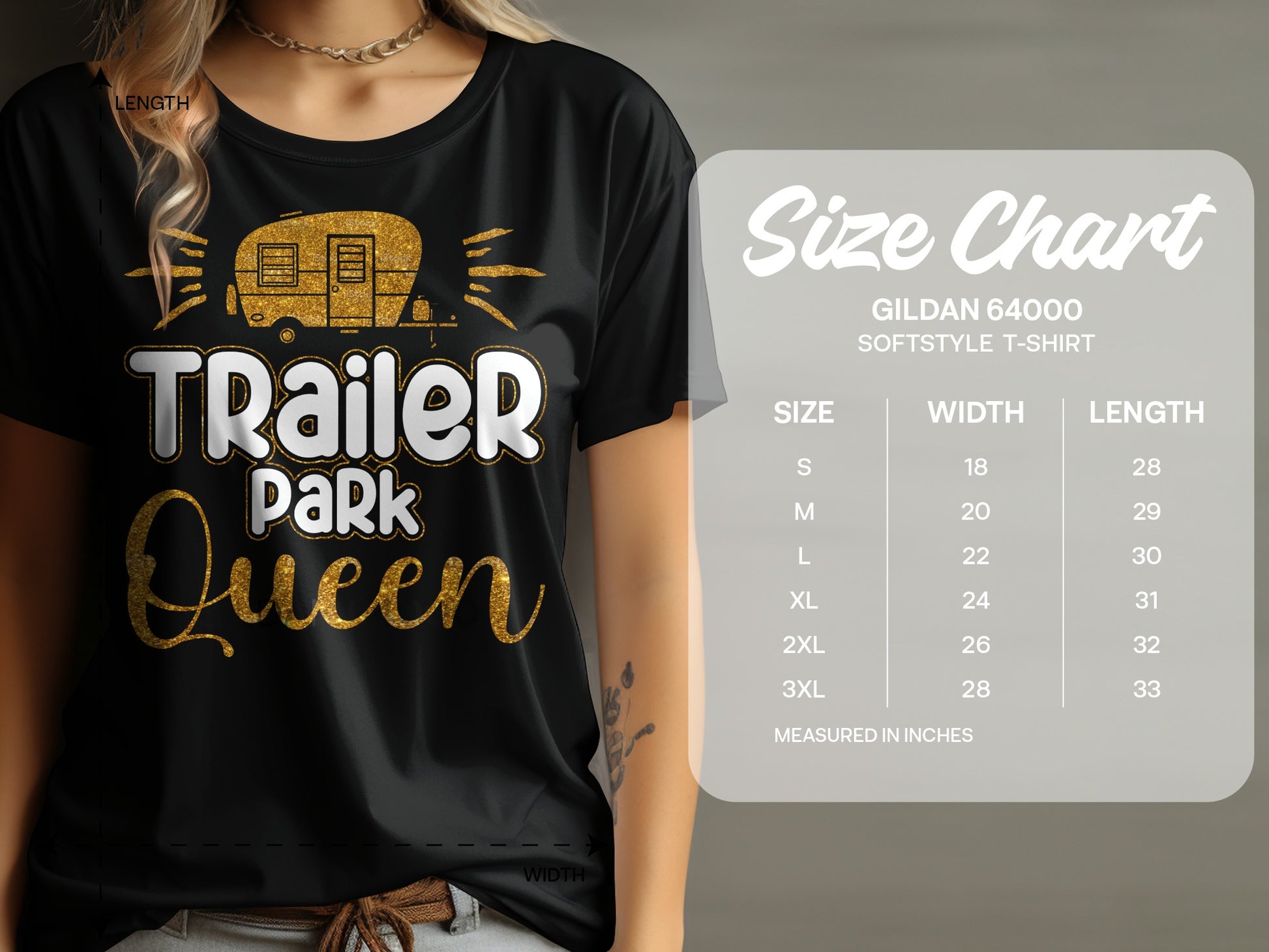 Black t-shirt with "Trailer Park Queen" graphic and size chart.