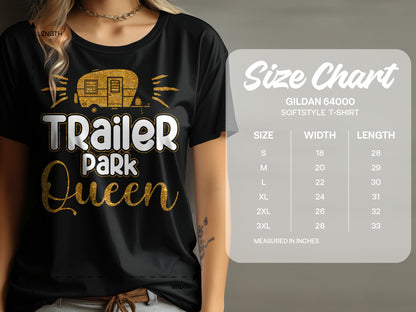 Black t-shirt with "Trailer Park Queen" graphic and size chart.