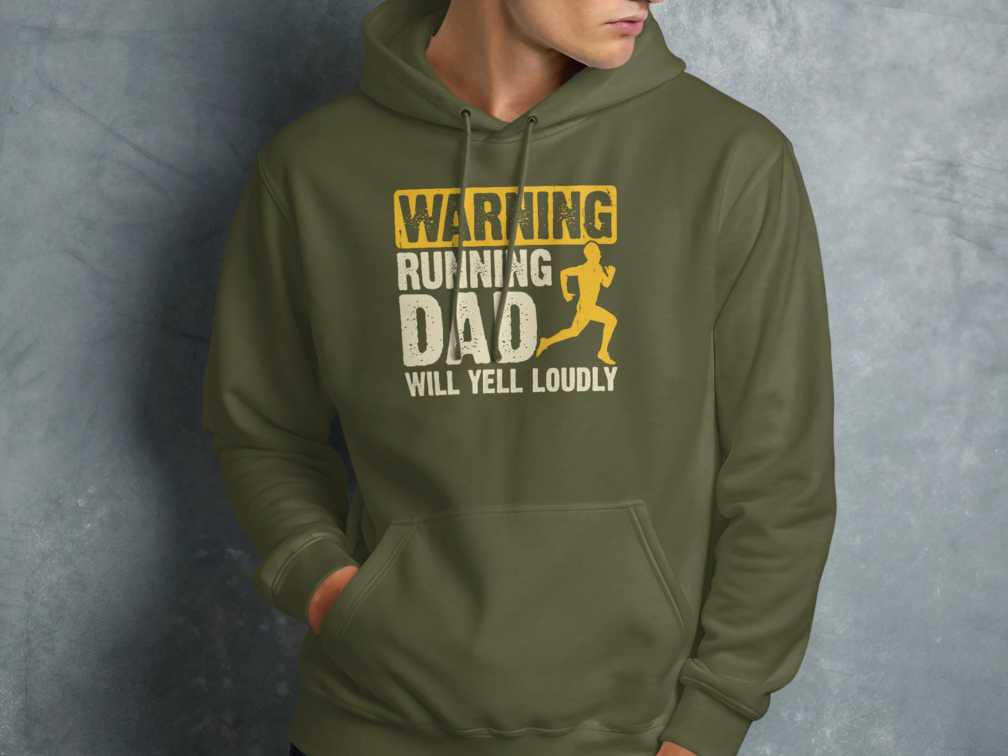 Olive hoodie with "Warning Running Dad Will Yell Loudly" text and running man graphic.