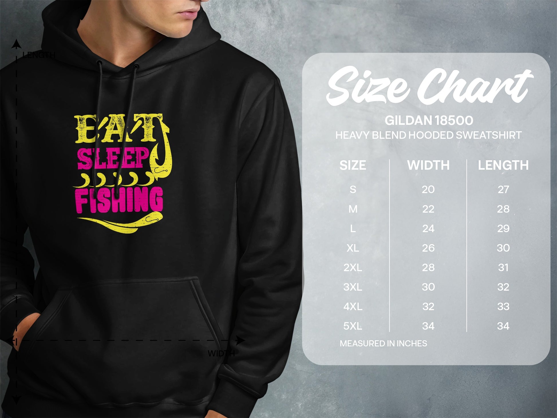 Gildan 18500 hoodie size chart with "Eat Sleep Fishing" graphic.