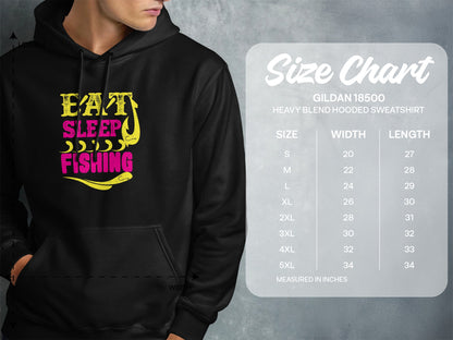 Gildan 18500 hoodie size chart with "Eat Sleep Fishing" graphic.