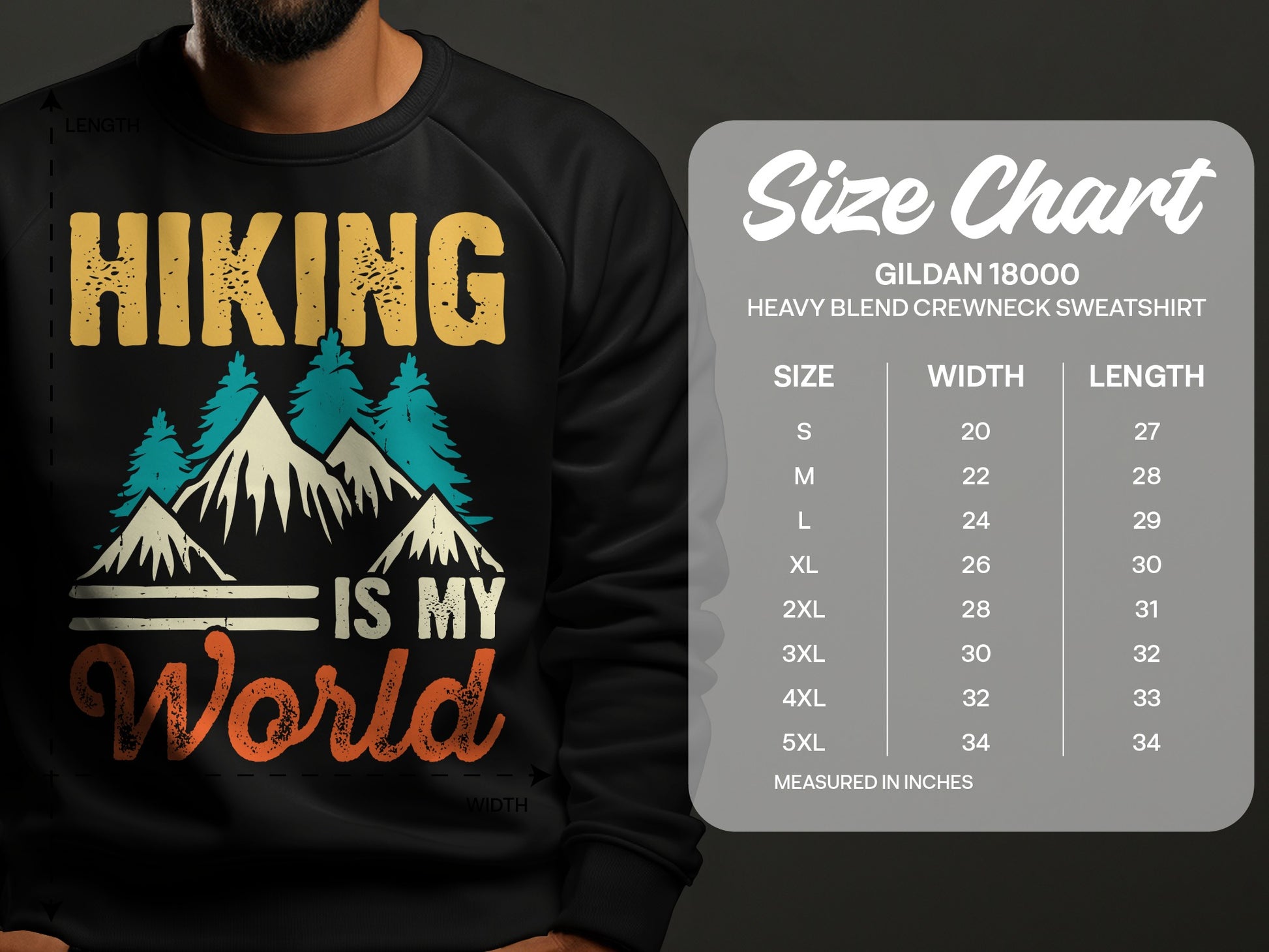 Sweatshirt with "Hiking Is My World" graphic and a size chart.
