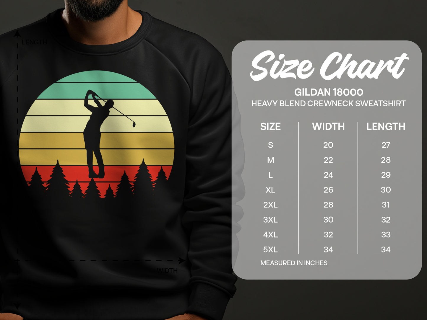 Gildan 18000 sweatshirt size chart with golf silhouette.