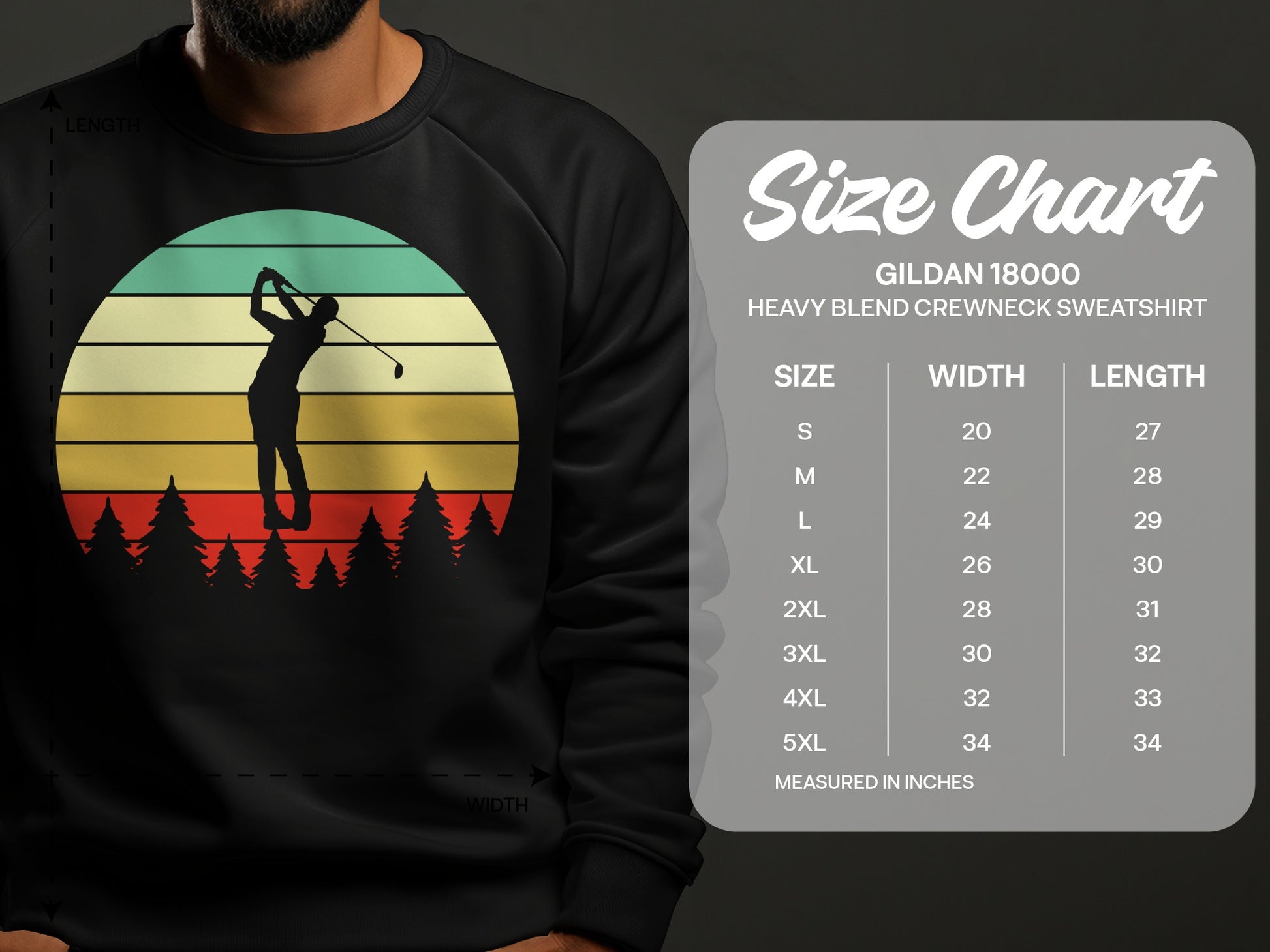 Gildan 18000 sweatshirt size chart with golf silhouette.