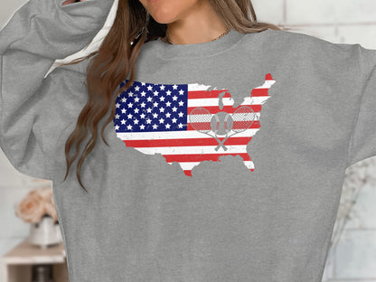 Grey sweatshirt with distressed US map and tennis rackets graphic.
