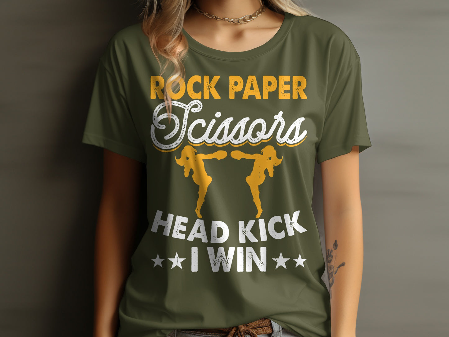 T-shirt with text "Rock Paper Scissors Head Kick I Win" and graphics.
