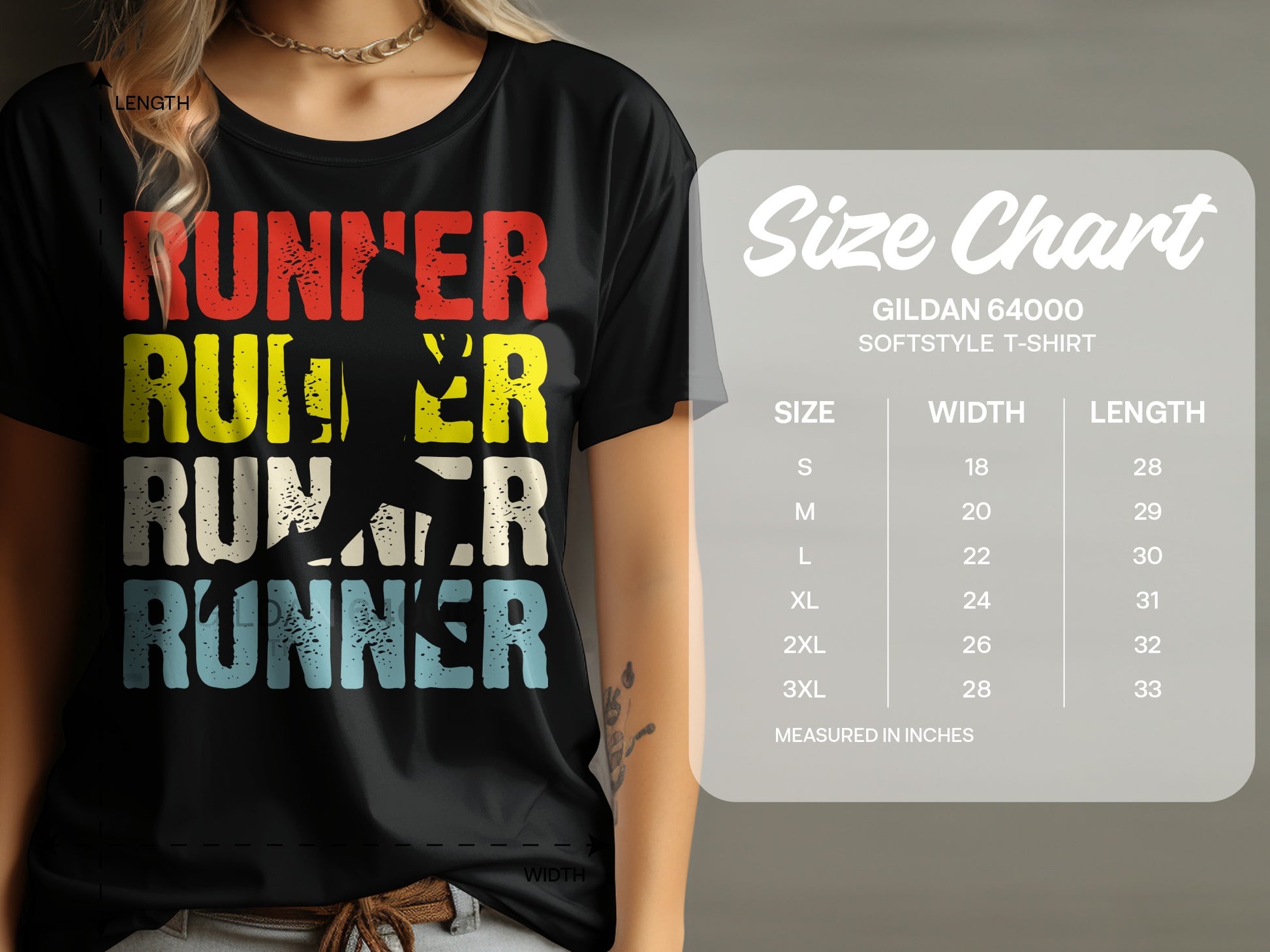 T-shirt with "Runner" text and size chart.