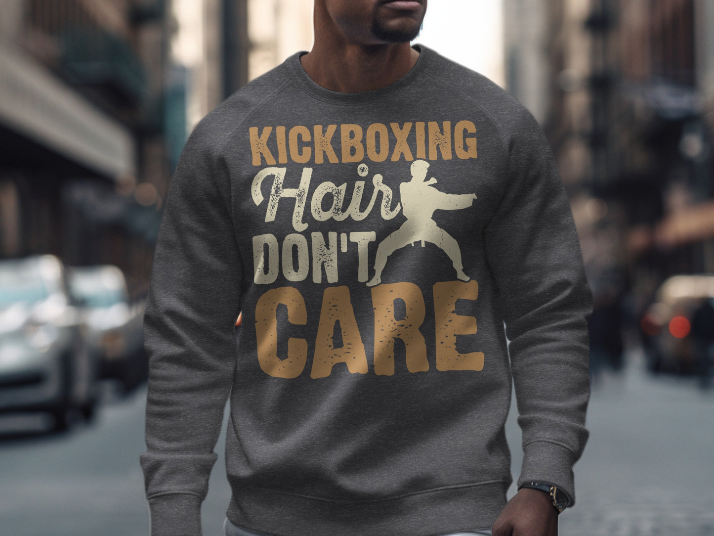 Gray sweatshirt with "Kickboxing Hair Don't Care" text and a martial artist silhouette.
