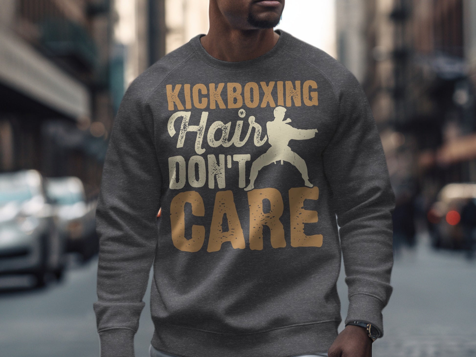 Gray sweatshirt with "Kickboxing Hair Don't Care" text and a martial artist silhouette.