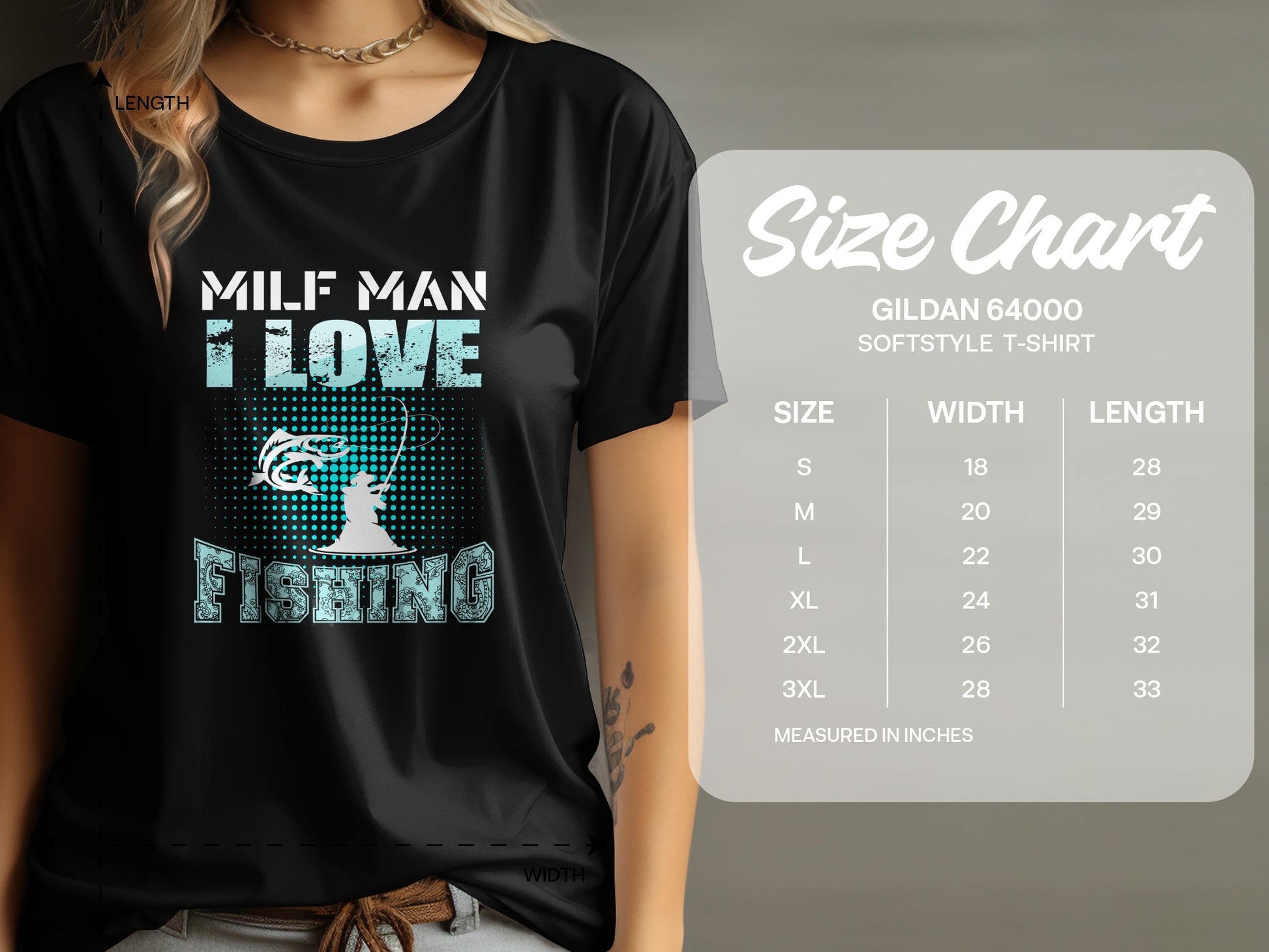 Black t-shirt with "MILF MAN I LOVE FISHING" graphic and size chart.