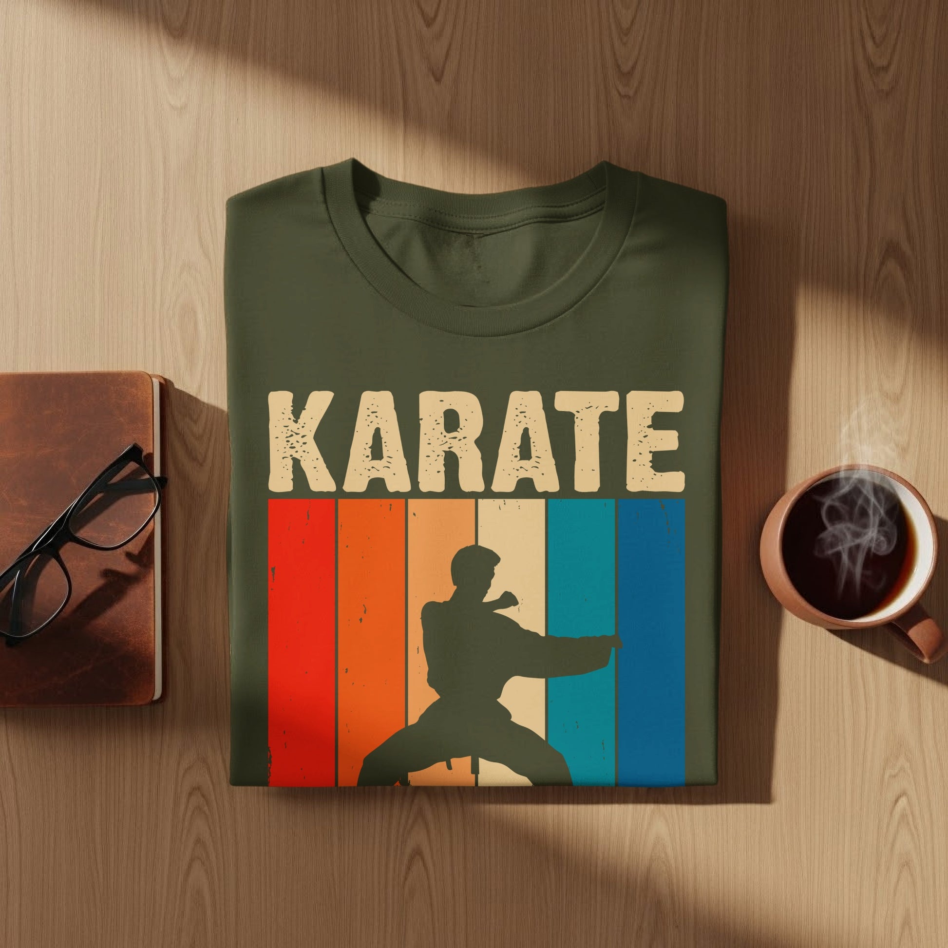 Olive green t-shirt with retro graphic of a karate silhouette and "KARATE" text.