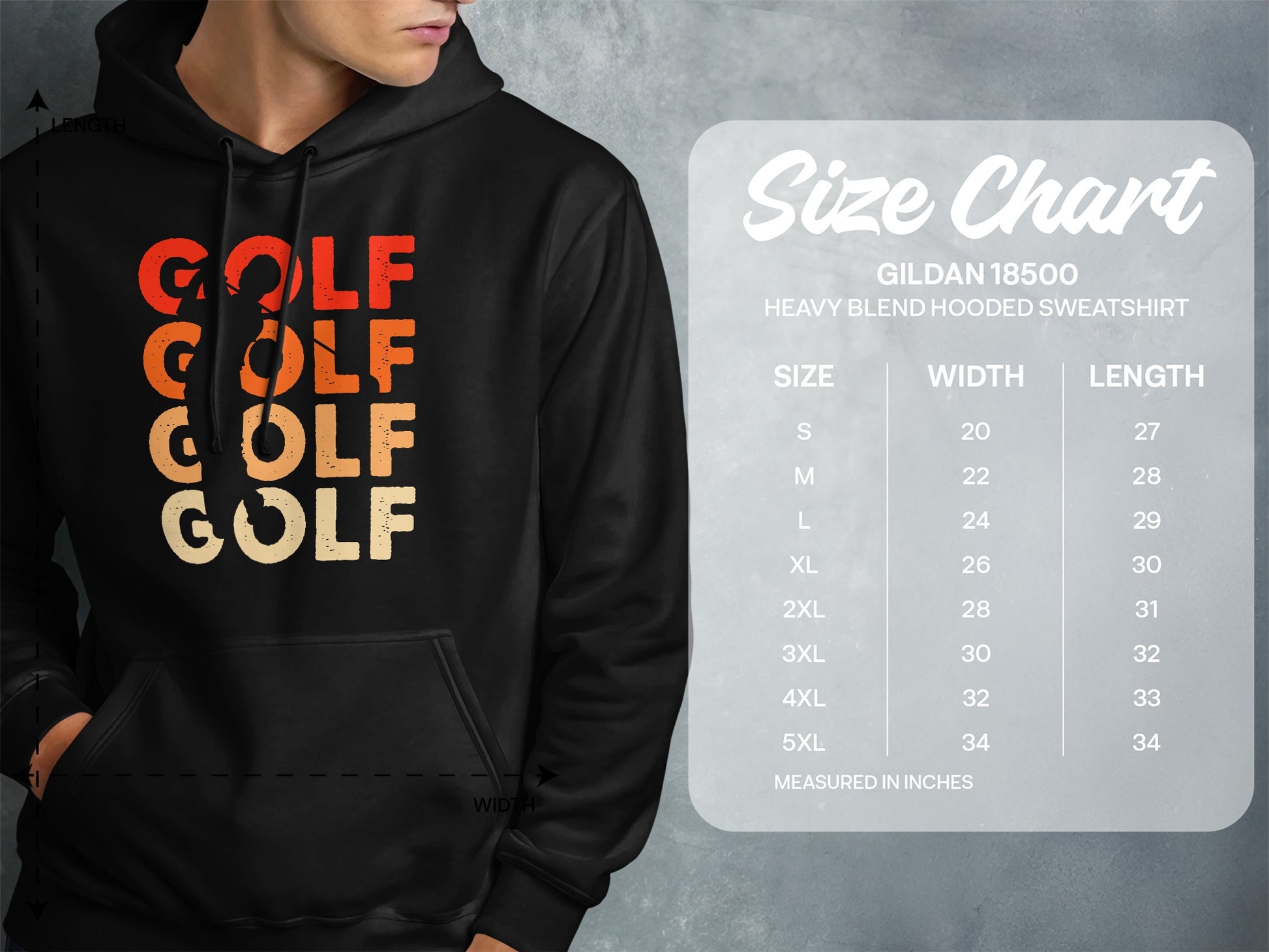Hooded sweatshirt with "GOLF" repeated four times in orange and yellow, next to a size chart.