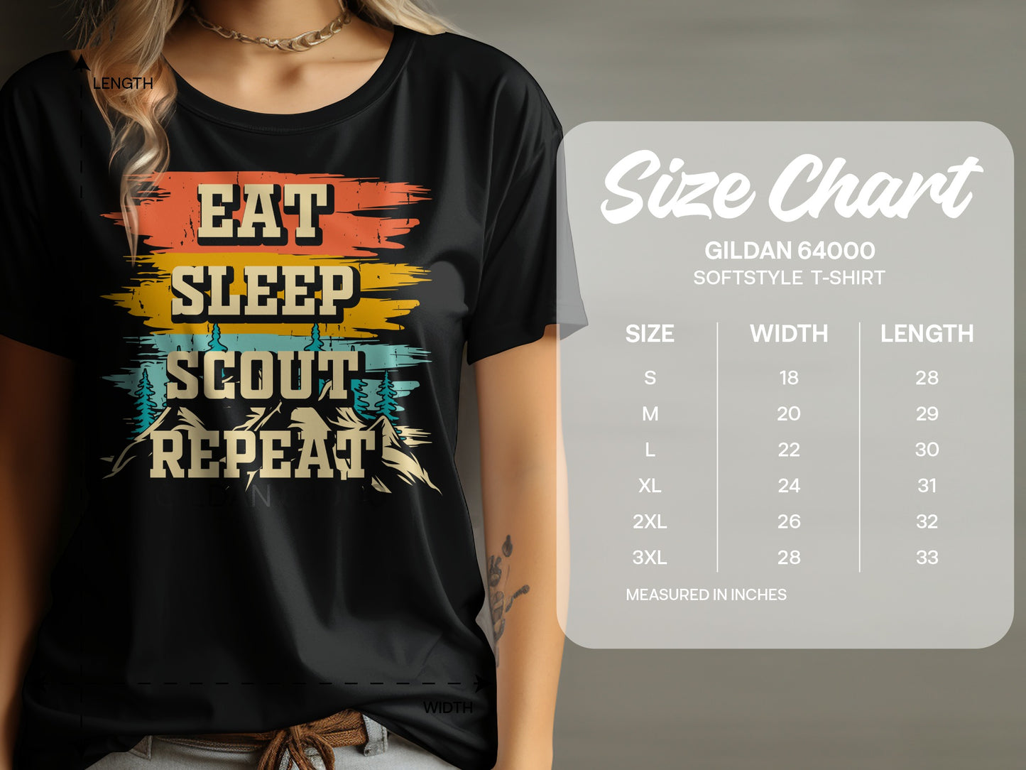 T-shirt size chart with "Eat, Sleep, Scout, Repeat" graphic.