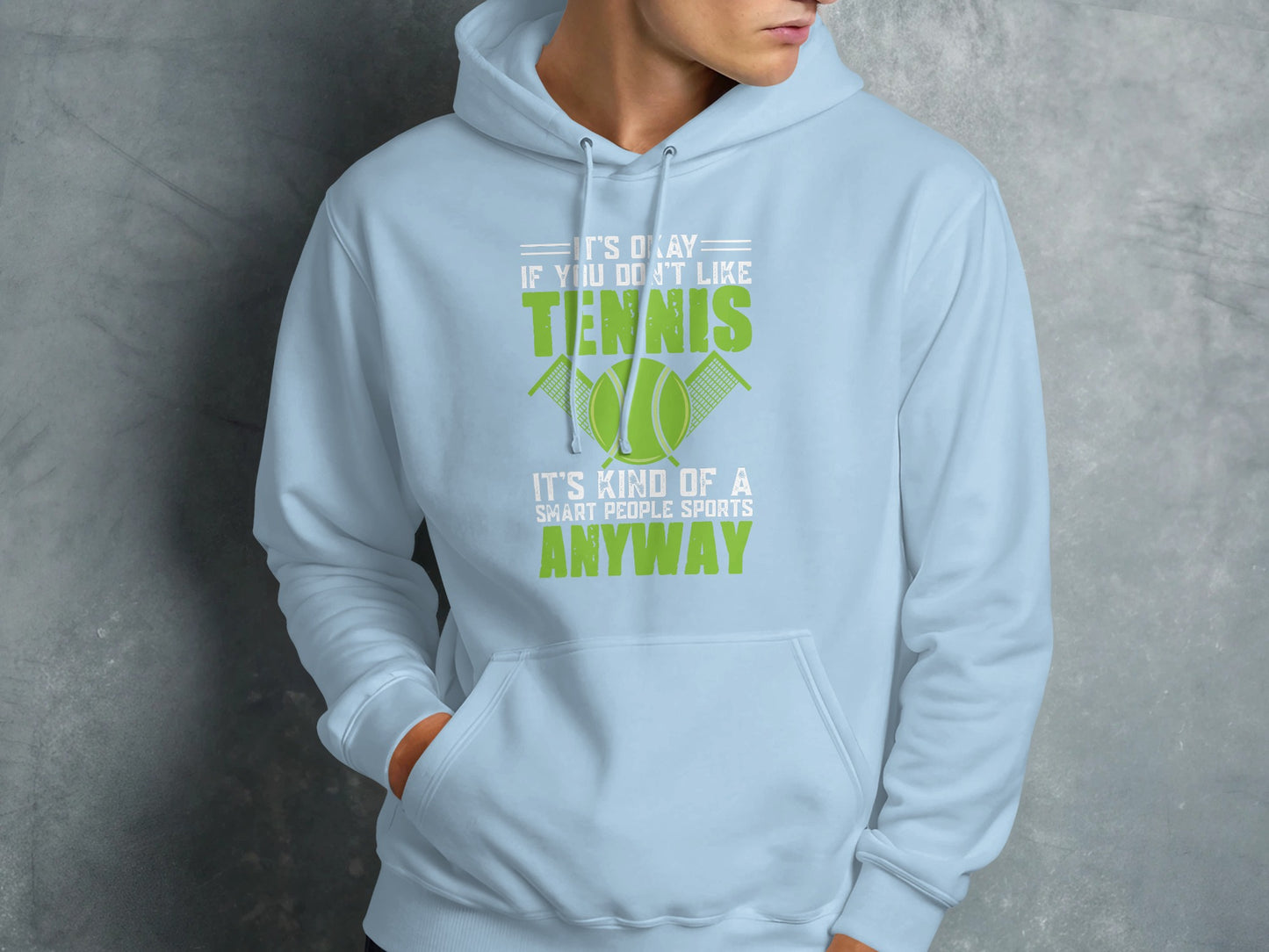 Light blue hoodie with text about tennis.