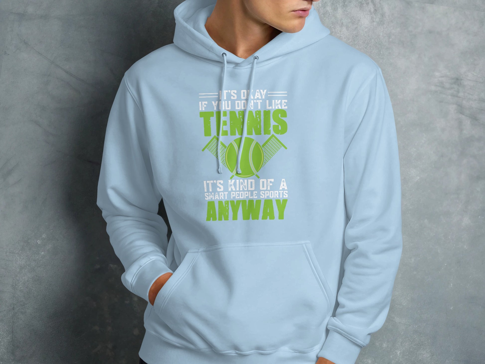 Light blue hoodie with text about tennis.