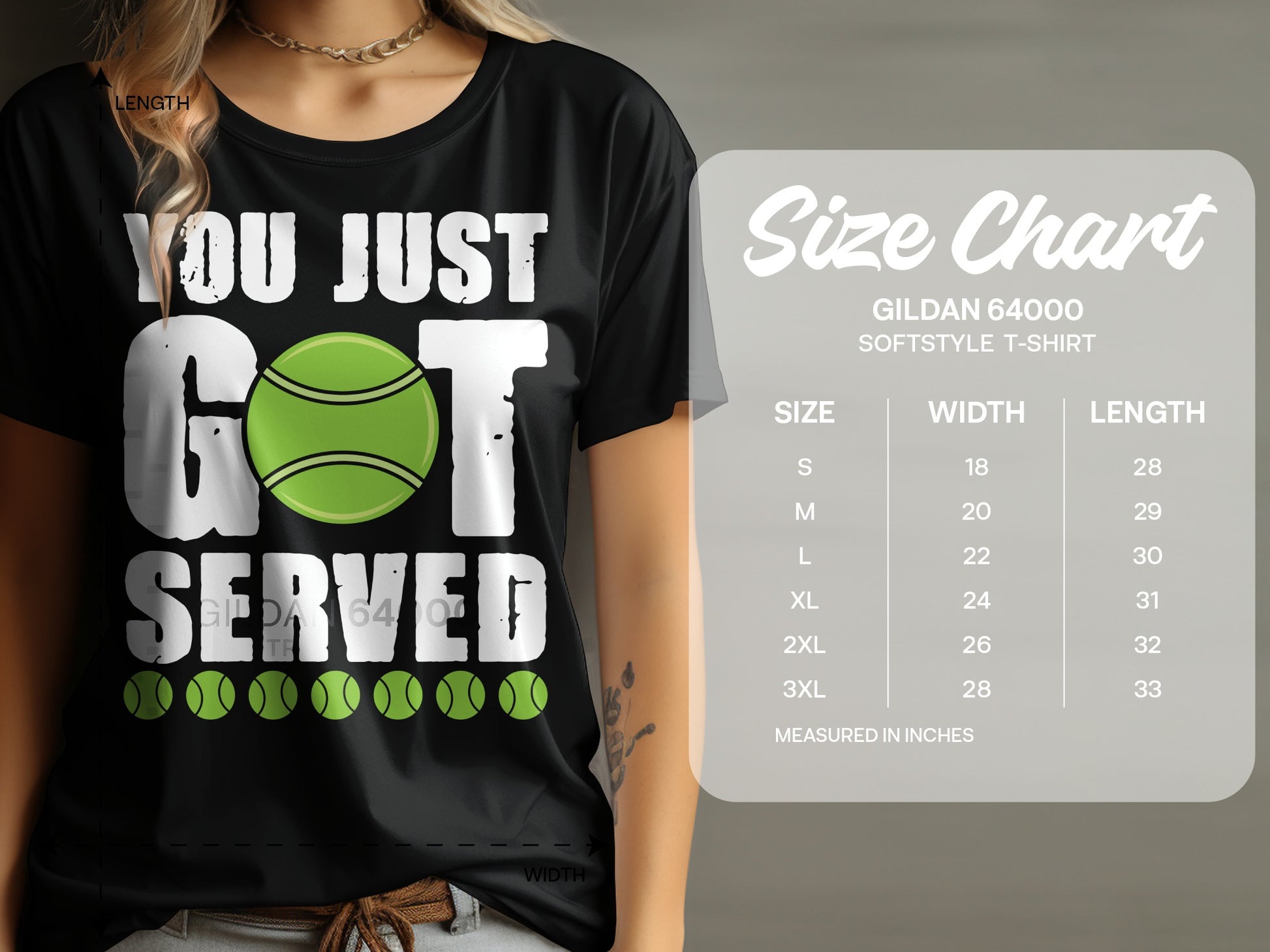 Black t-shirt with "YOU JUST GOT SERVED" and tennis ball graphic, next to a size chart.