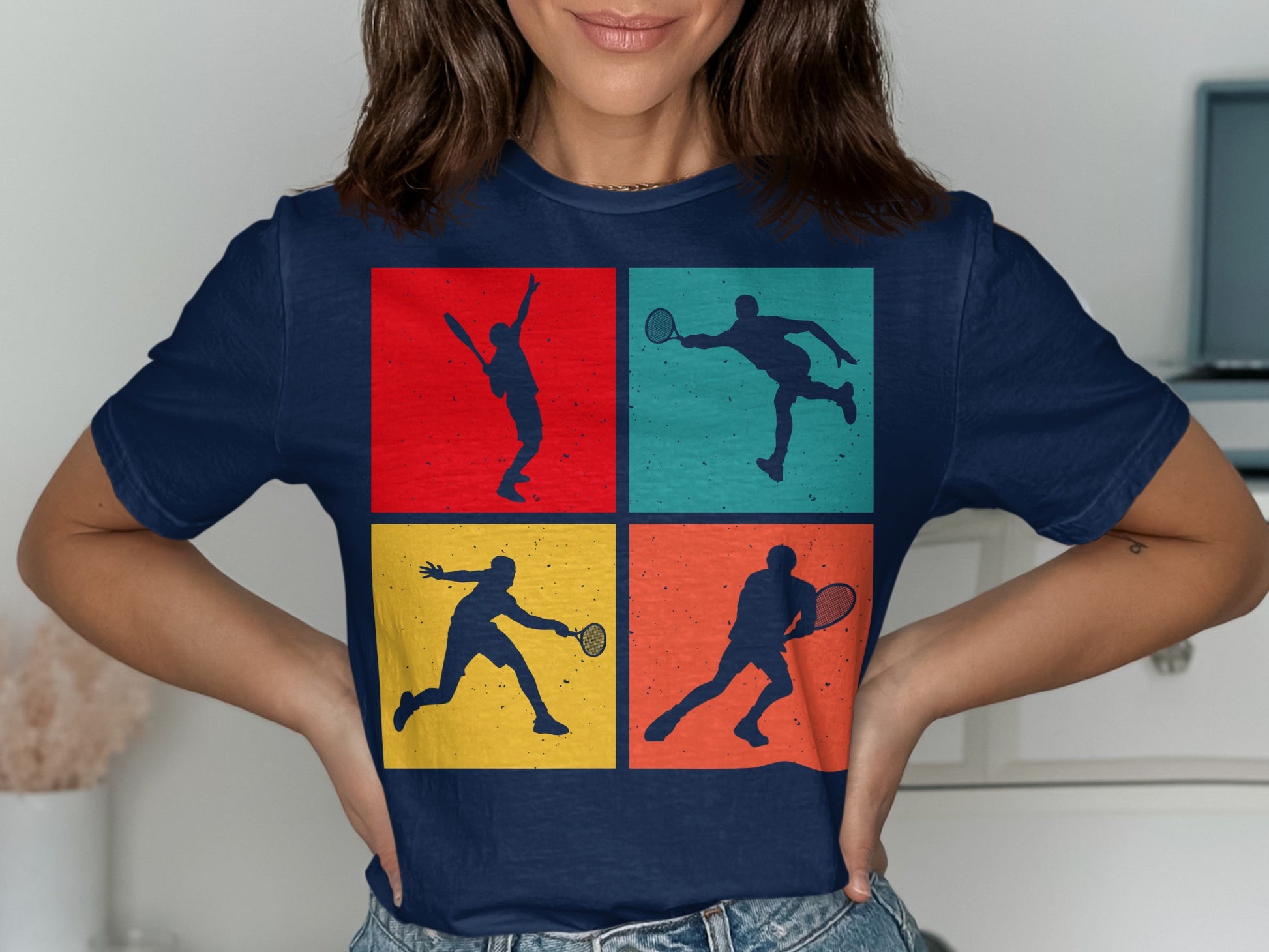 Four colorful squares each featuring a silhouette of a tennis player.