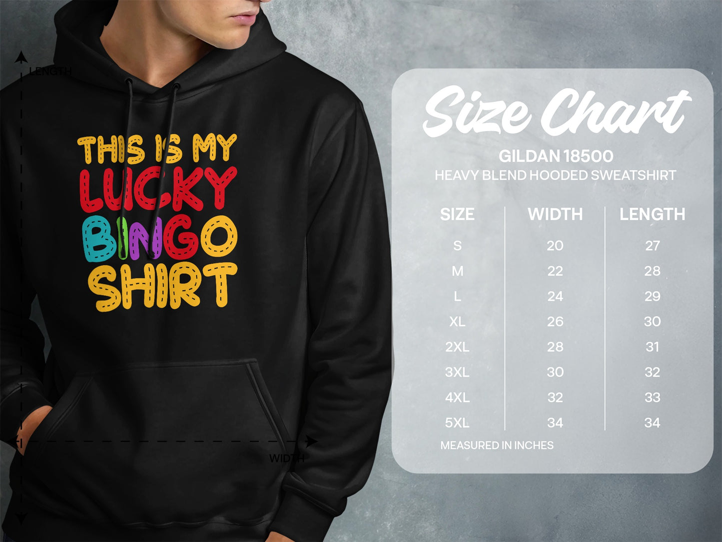Hooded sweatshirt with "This is my lucky bingo shirt" graphic and size chart.
