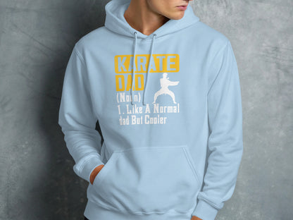 Light blue hoodie with "Karate Dad" text and karate figure.