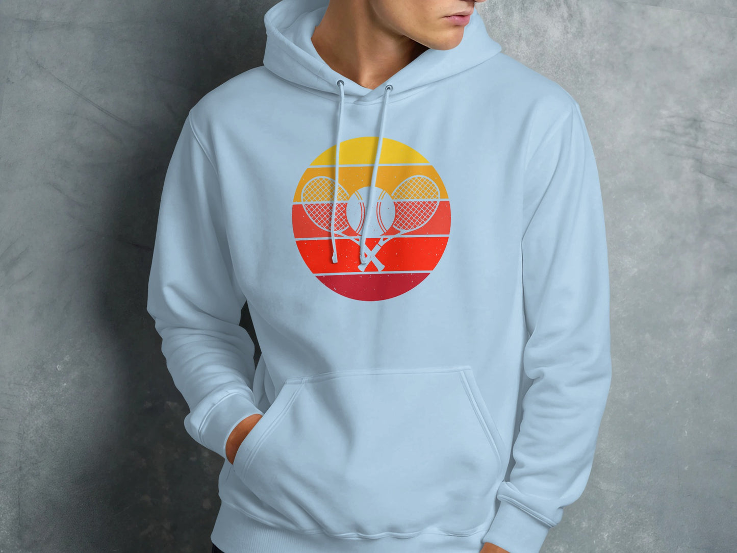 Light blue hoodie with a circular retro tennis graphic.