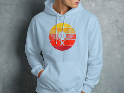 Light blue hoodie with a circular retro tennis graphic.