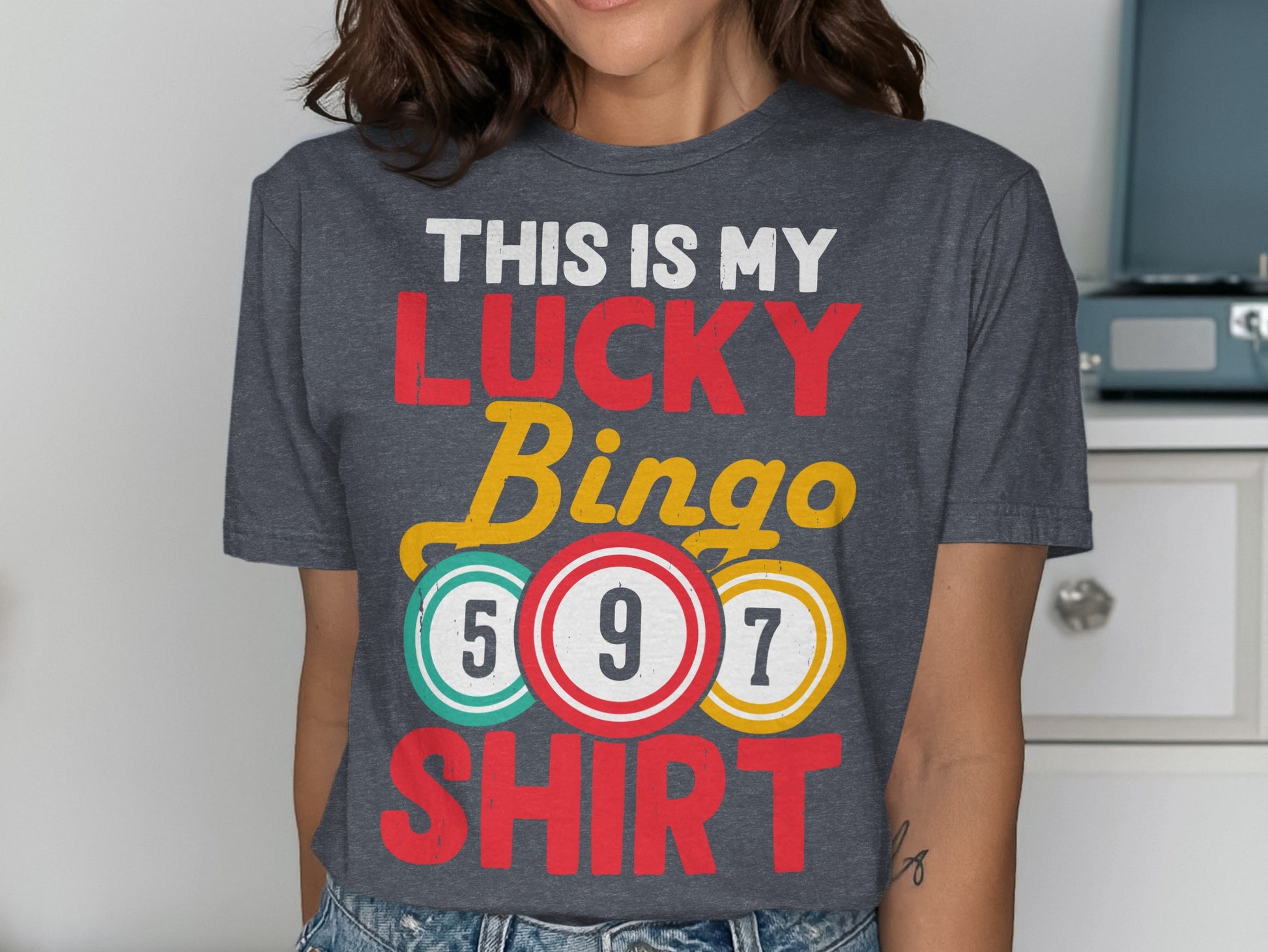 T-shirt with "THIS IS MY LUCKY BINGO SHIRT" and bingo balls.