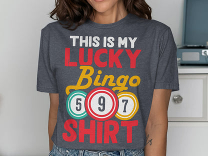 T-shirt with "THIS IS MY LUCKY BINGO SHIRT" and bingo balls.