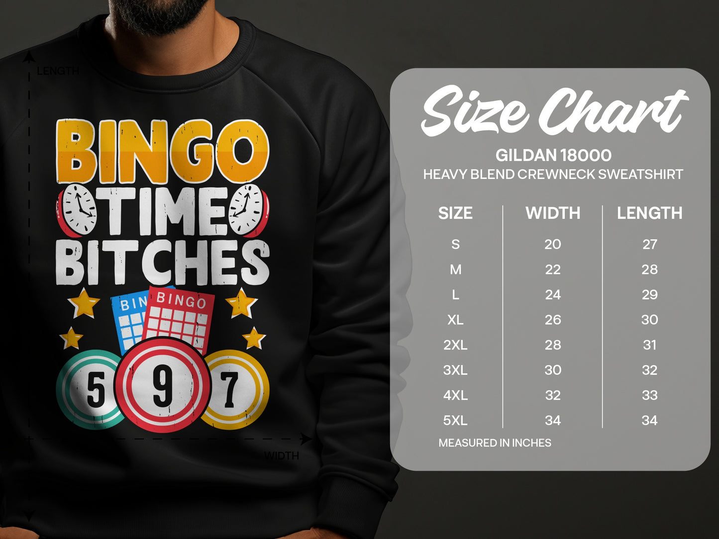 Black sweatshirt with "Bingo Time Bitches" graphic, size chart included.