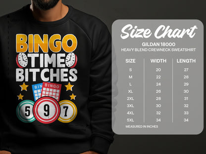 Black sweatshirt with "Bingo Time Bitches" graphic, size chart included.