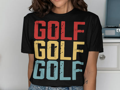 Black t-shirt with "GOLF" in red, yellow, and blue lettering.