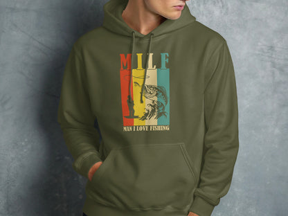 Green hoodie with "MILF MAN I LOVE FISHING" text and fish graphic.