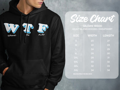 Hooded sweatshirt with "WTF Where's The Fish?" graphic and size chart.